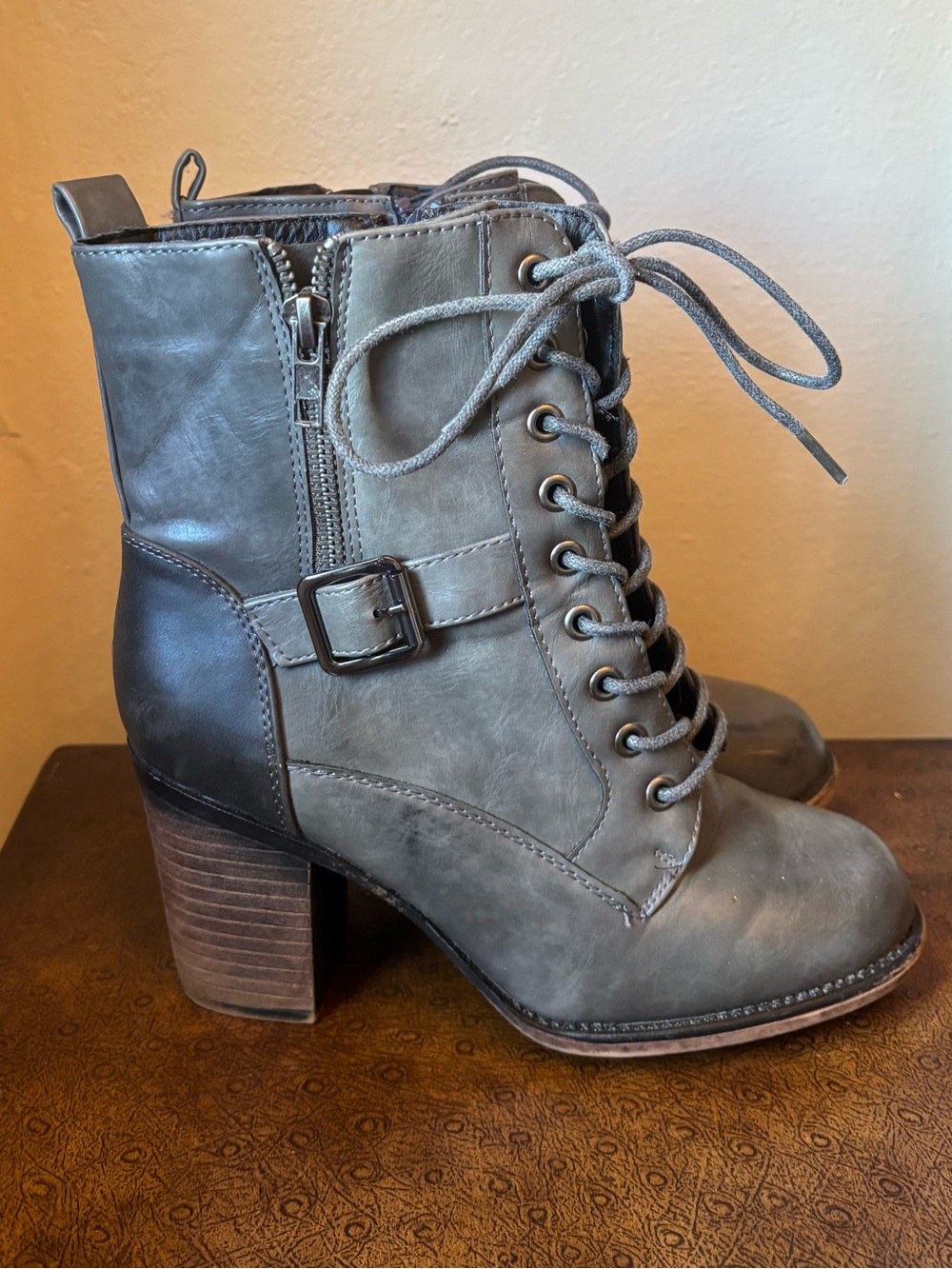 Very G Gray Lace-Up Block Heel Ankle Boots